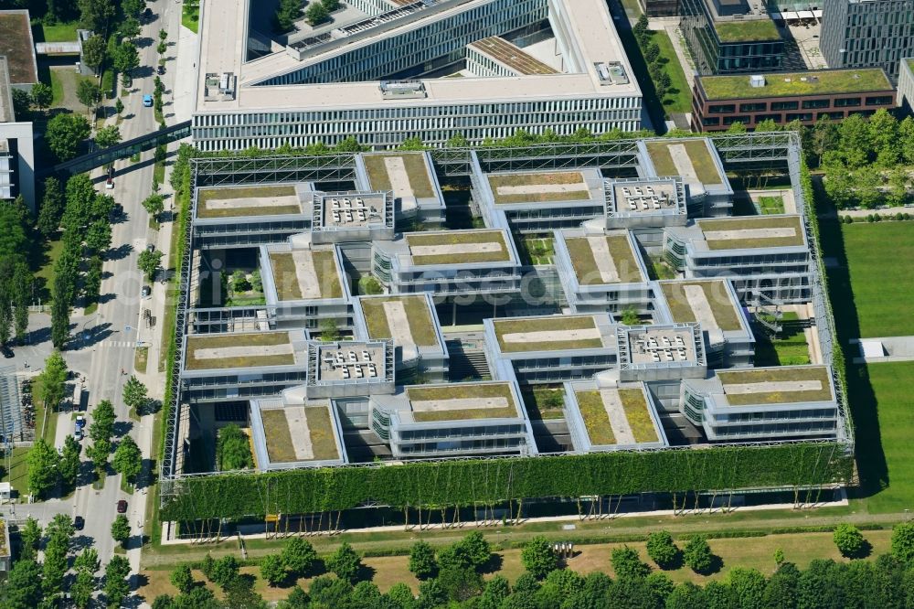 Unterföhring from above - Office building of Allianz Deutschland AG on Dieselstrasse in Unterfoehring in the state Bavaria, Germany