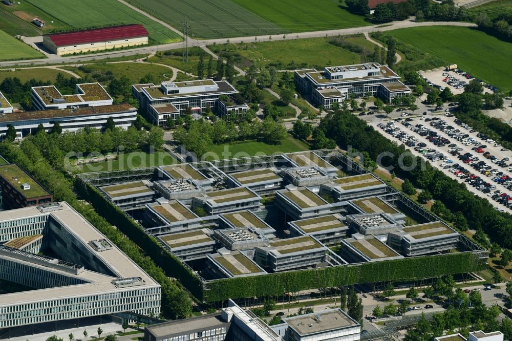 Unterföhring from above - Office building of Allianz Deutschland AG on Dieselstrasse in Unterfoehring in the state Bavaria, Germany