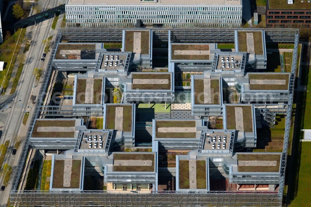 Unterföhring from the bird's eye view: Office building of Allianz Deutschland AG on Dieselstrasse in Unterfoehring in the state Bavaria, Germany