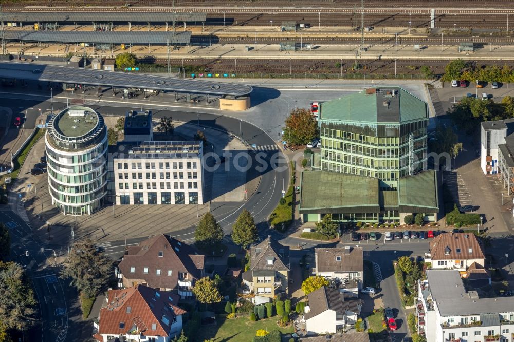 Unna from above - Office building of the administration and commercial building of the AOK right and left the Jobcenter Unna in Unna in the federal state North Rhine-Westphalia, Germany