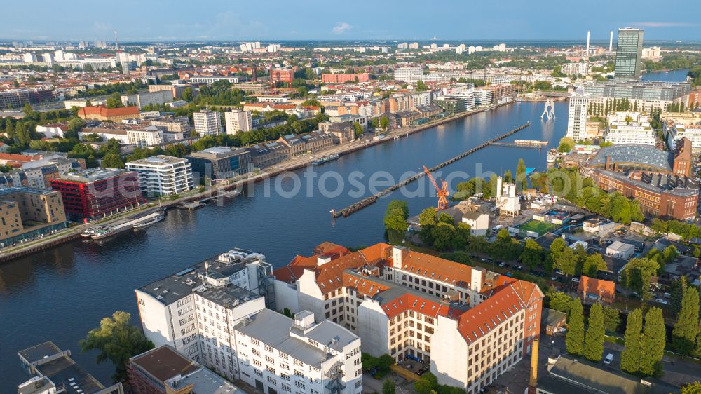 Aerial photograph Berlin - Office building of the administrative and business center, the ARMO moated castle at the east port on the River Spree in Berlin