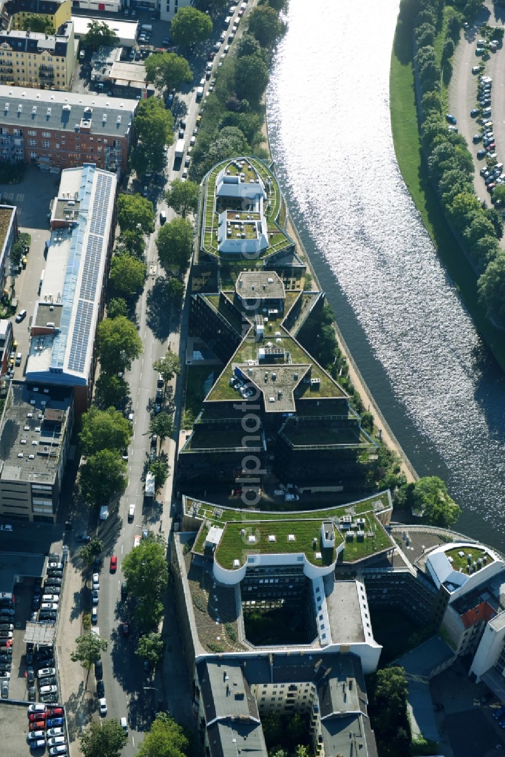 Berlin from above - Office building of Botschaft von Bangladesch and of Jonas & Redmann Group GmbH on Kaiserin-Augusta-Allee in the district Mitte in Berlin, Germany