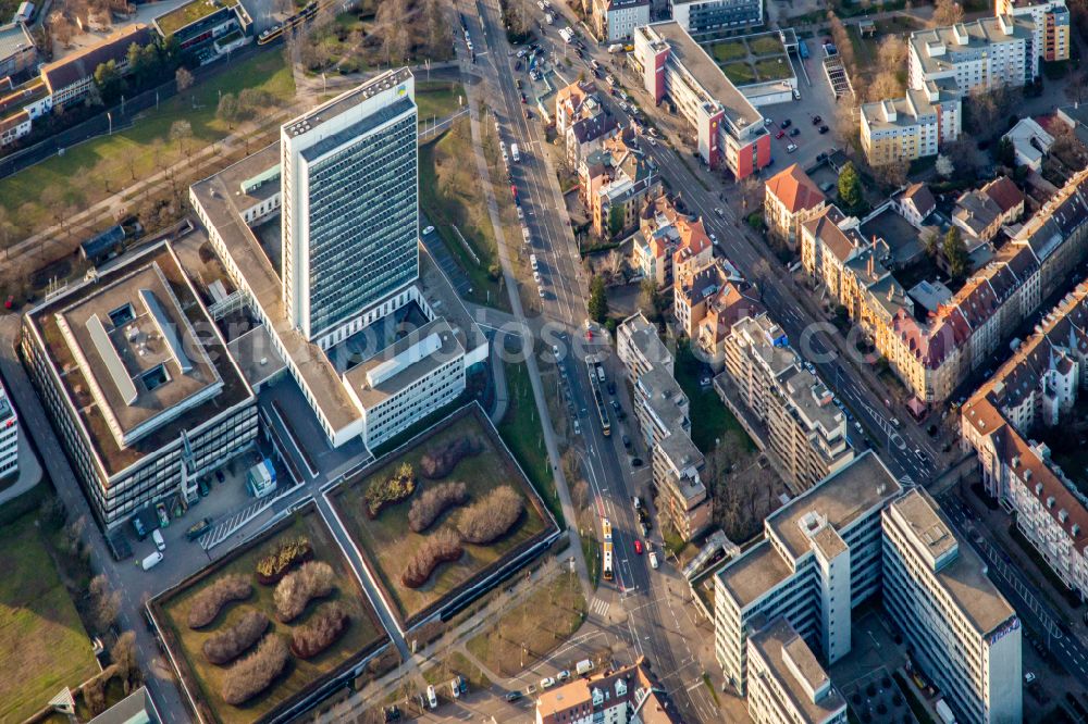 Karlsruhe from above - Office building Deutsche Rentenversicherung Baden-Wuerttemberg on street Gartenstrasse in Karlsruhe in the state Baden-Wuerttemberg