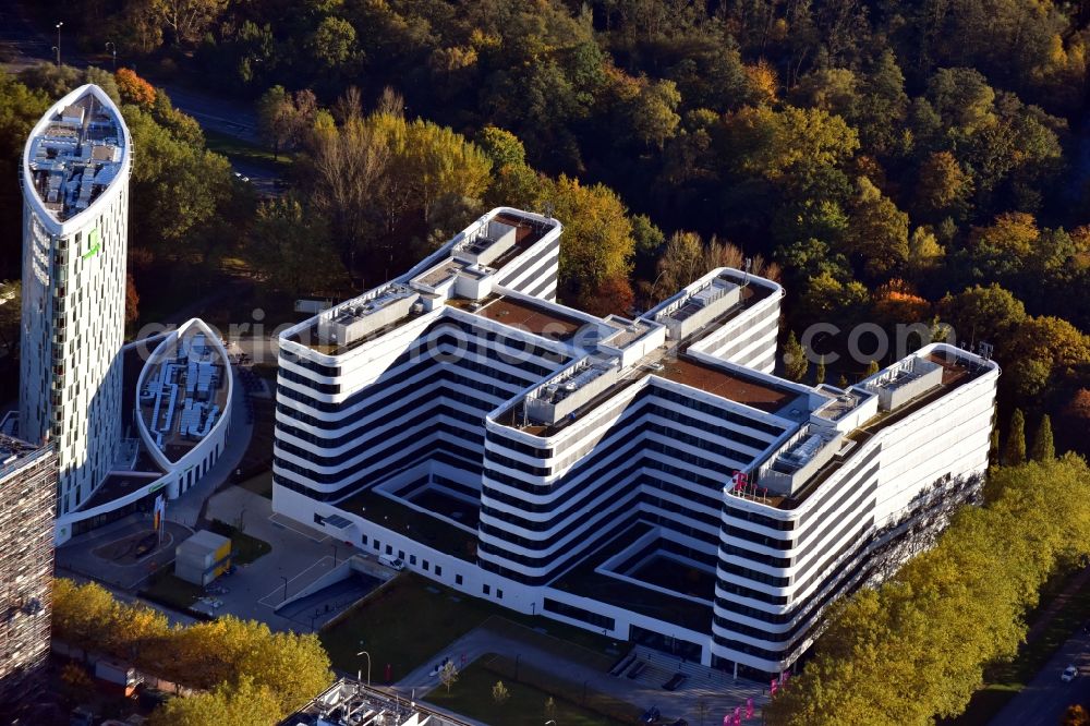 Aerial image Hamburg - Office building of the administrative house and business house of the Deutschen TELEKOM AG in the business district city of the north in the district of Winterhude in Hamburg, Germany