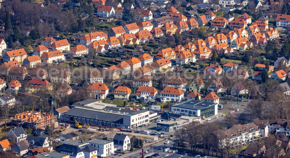 Soest from above - Office building - former Opel-Haus now from the Dogstyler Soest GmbH at the street Werler Landstrasse in Soest in the state North Rhine-Westphalia, Germany