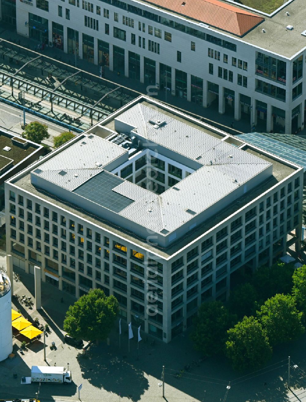 Dresden from above - Office building on place Postplatz in the district Altstadt in Dresden in the state Saxony, Germany