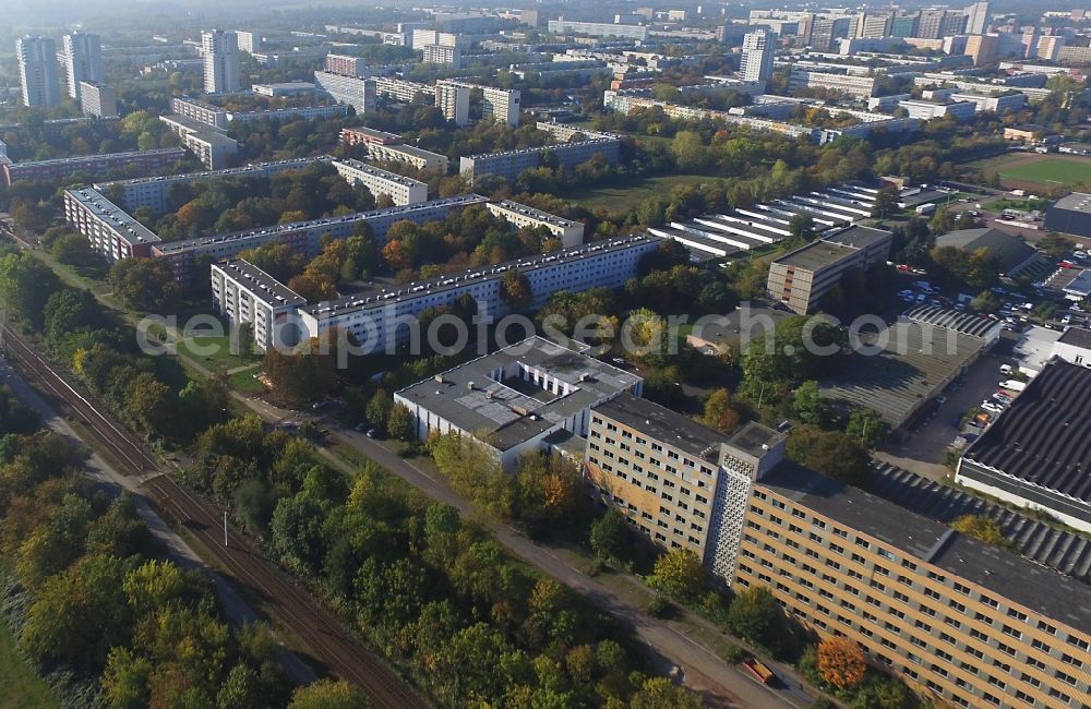 Halle (Saale) from the bird's eye view: Office building of ehemaligen Staatssicherheit Mfs and of Authority of the Federal Commissioner for the documents of the State Security Service of the former German Democratic Republic (BStU) on Gimmritzer Damm in Halle (Saale) in the state Saxony-Anhalt, Germany