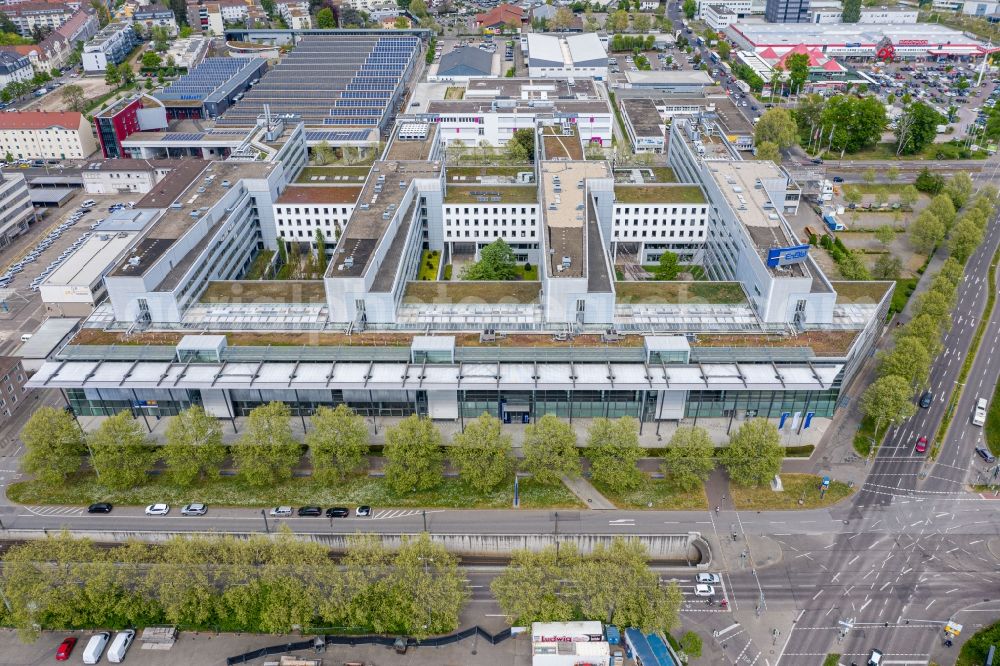 Karlsruhe from above - Office building of ENBW Zentrale on Durlacher Allee in the district Oststadt in Karlsruhe in the state Baden-Wuerttemberg, Germany