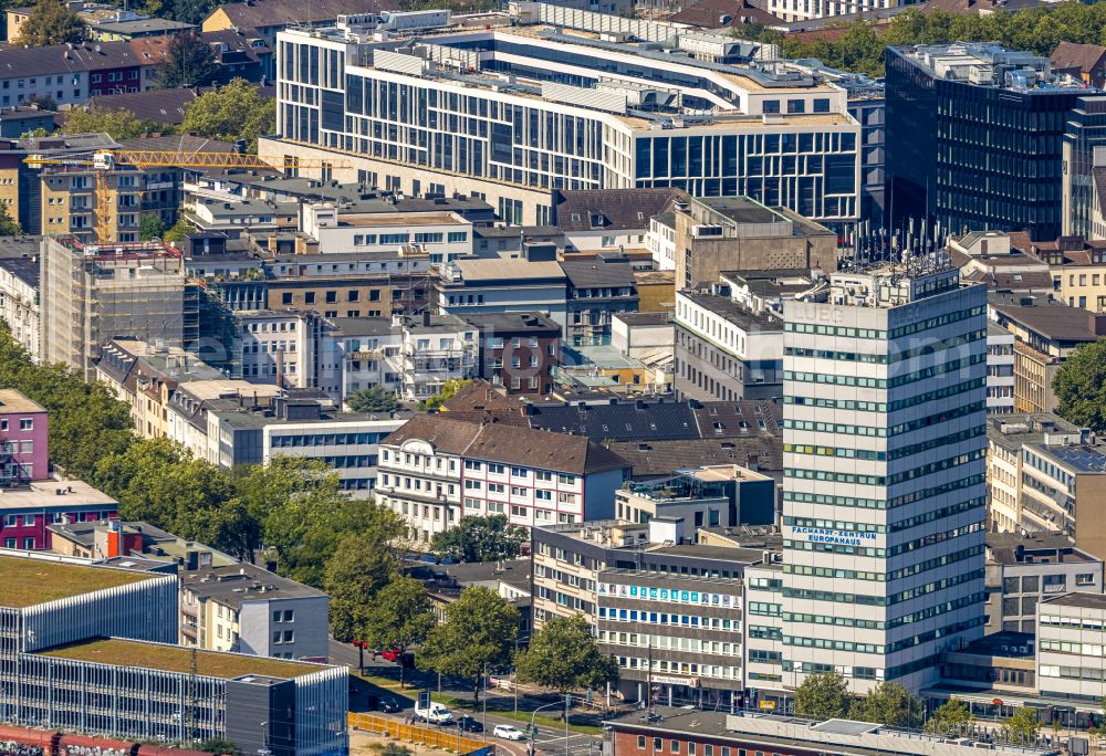 Bochum from the bird's eye view: Office building Europahaus on place Kurt-Schumacher-Platz in Bochum at Ruhrgebiet in the state North Rhine-Westphalia, Germany