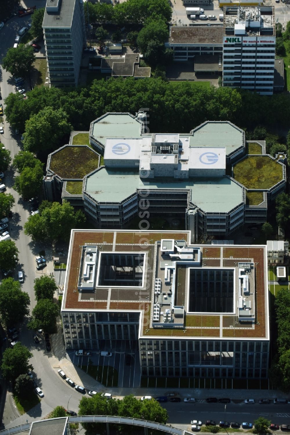 Hamburg from above - Office building of HANSAINVEST on Ueberseering destrict Winterhude in Hamburg