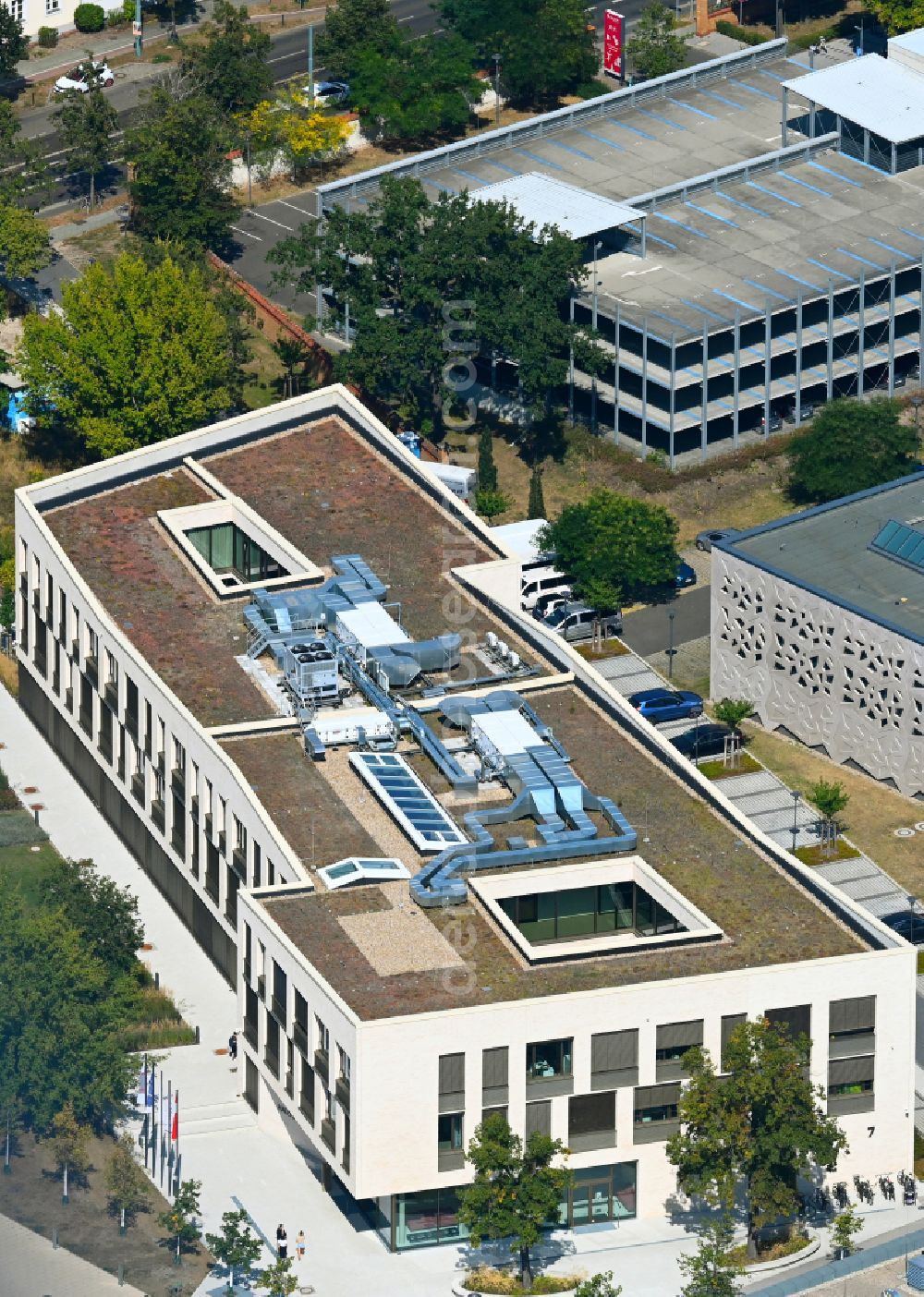 Potsdam from the bird's eye view: Office building of the administrative and commercial building Haus des Sports of the Landessportbund Brandenburg e.V. on the street Olympischer Weg in the district Potsdam West in Potsdam in the state Brandenburg, Germany