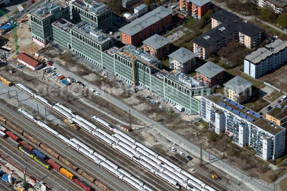 München from above - Office building MY.O on Christoph-Rapparini-Bogen overlooking construction work at the course of the track and station management of the Laim station in the district Neuhausen-Nymphenburg in Munich in the state Bavaria, Germany