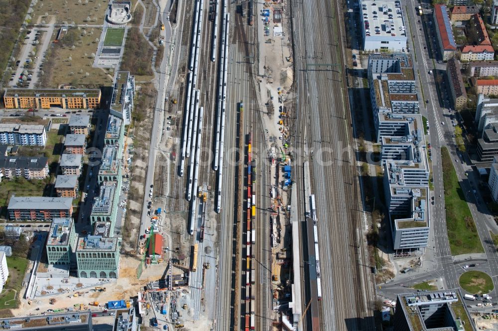 Aerial image München - Office building MY.O on Christoph-Rapparini-Bogen overlooking construction work at the course of the track and station management of the Laim station in the district Neuhausen-Nymphenburg in Munich in the state Bavaria, Germany