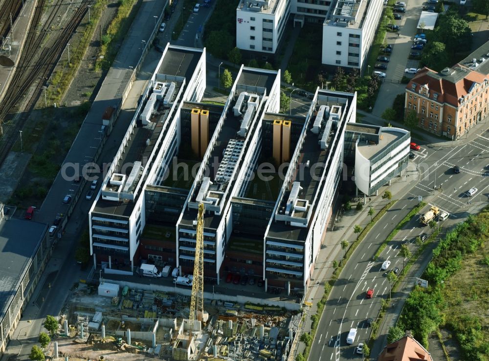 Leipzig from above - Office building of the administrative and commercial building of DB InfraGO AG in Brandenburger Str. In Leipzig, Saxony, Germany