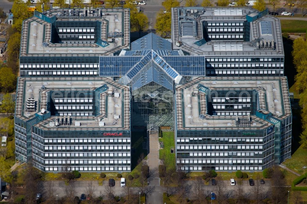 München from above - Office building on Riesstrasse in the district Moosach in Munich in the state Bavaria, Germany