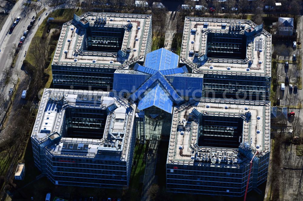 München from above - Office building on street Riesstrasse in the district Moosach in Munich in the state Bavaria, Germany