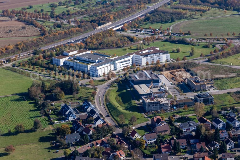 Karlsruhe from above - Office building of Physik Instrumente (PI) GmbH & Co. KG at the A8 in Karlsruhe in the state Baden-Wuerttemberg, Germany