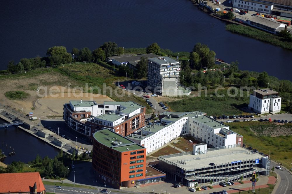 Rostock from above - Office building in Rostock in the state Mecklenburg - Western Pomerania. Included are the A-ROSA Flussschiff GmbH and Telefónica Germany Customer