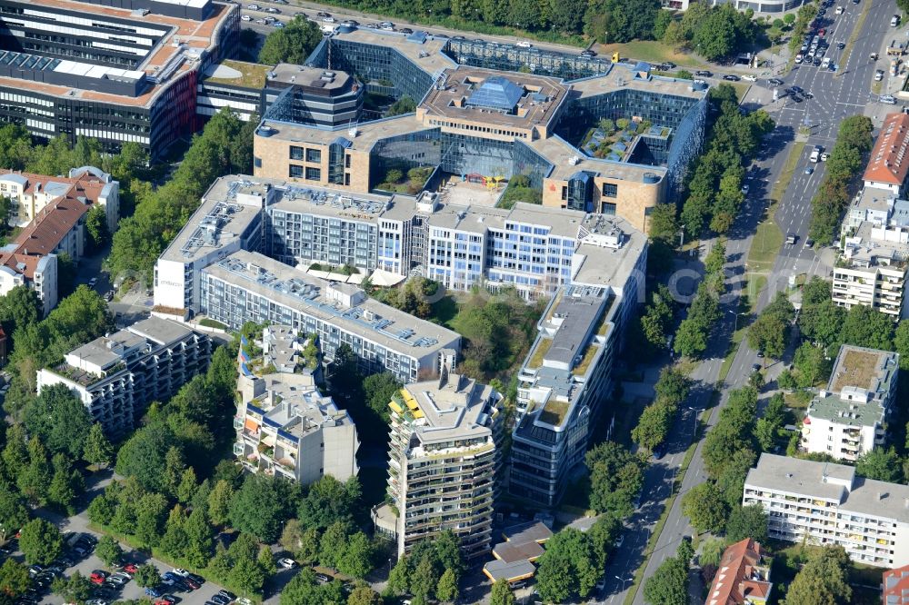 München from above - Office building of Stadtsparkasse Muenchen in Munich in the state of Bavaria. The architectural distinct building is located amidst residential and office buildings