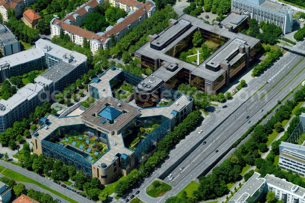 Aerial image München - Office building of Stadtsparkasse Muenchen in Munich in the state of Bavaria. The architectural distinct building is located amidst residential and office buildings