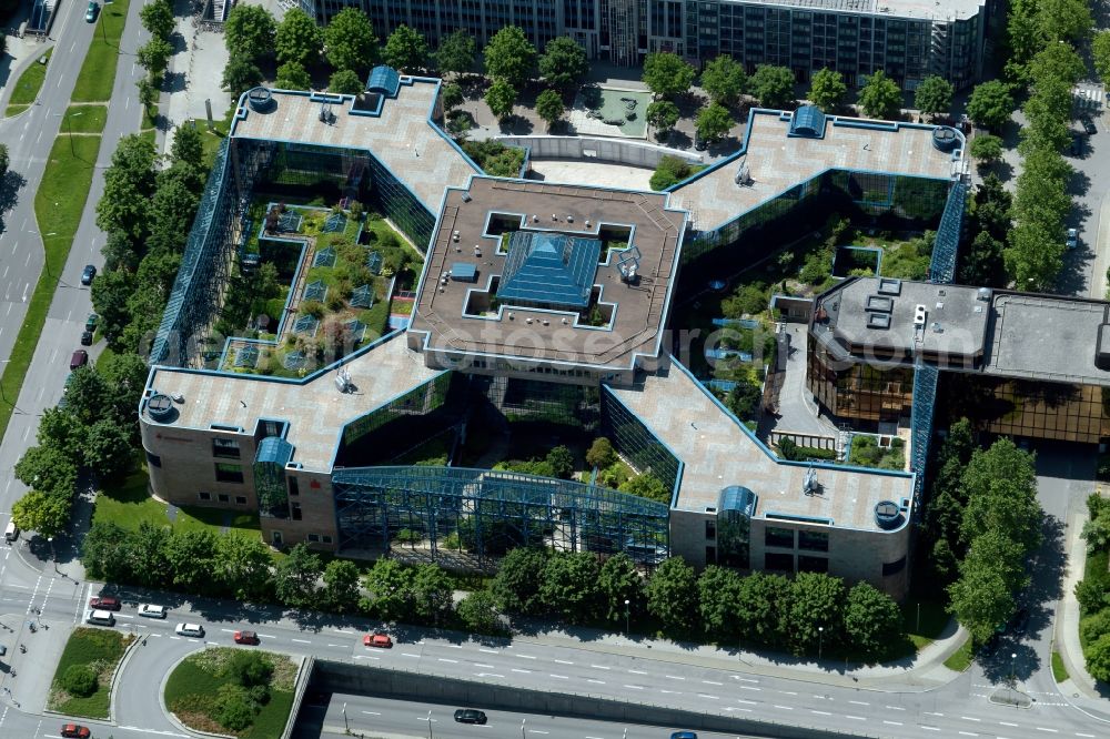 München from above - Office building of Stadtsparkasse Muenchen in Munich in the state of Bavaria. The architectural distinct building is located amidst residential and office buildings