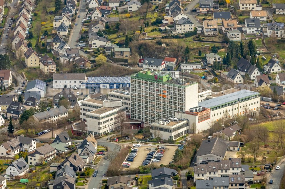 Meschede from the bird's eye view: Office building of Telekom Deutschland GmbH on Feldstrasse in Meschede in the state North Rhine-Westphalia, Germany