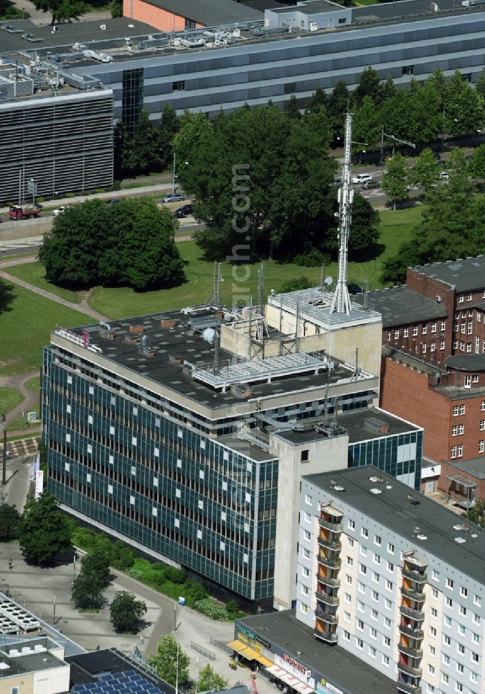 Magdeburg from above - Office building der Telekom Deutschland GmbH at Universitiy-square in the district Altstadt in Magdeburg in the state Saxony-Anhalt