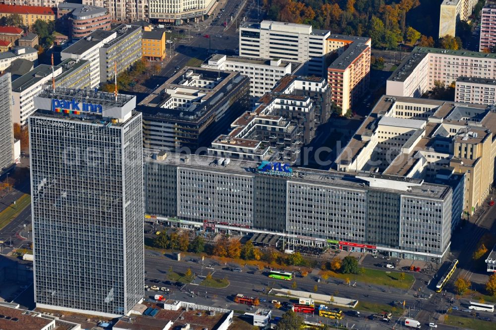 Aerial photograph Berlin - Office building of the business house of the trust immovable society AG (TLG Immobilien AG) in the former house of the electrical industry on the Alexander's place in Berlin, Germany. In the foreground the park Inn by Radisson Berlin Alexander's place Hotel