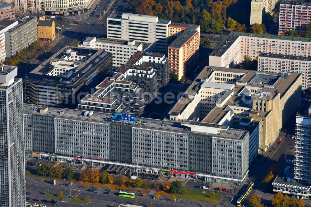 Berlin from above - Office building of the business house of the trust immovable society AG (TLG Immobilien AG) in the former house of the electrical industry on the Alexander's place in Berlin, Germany. In the foreground the park Inn by Radisson Berlin Alexander's place Hotel