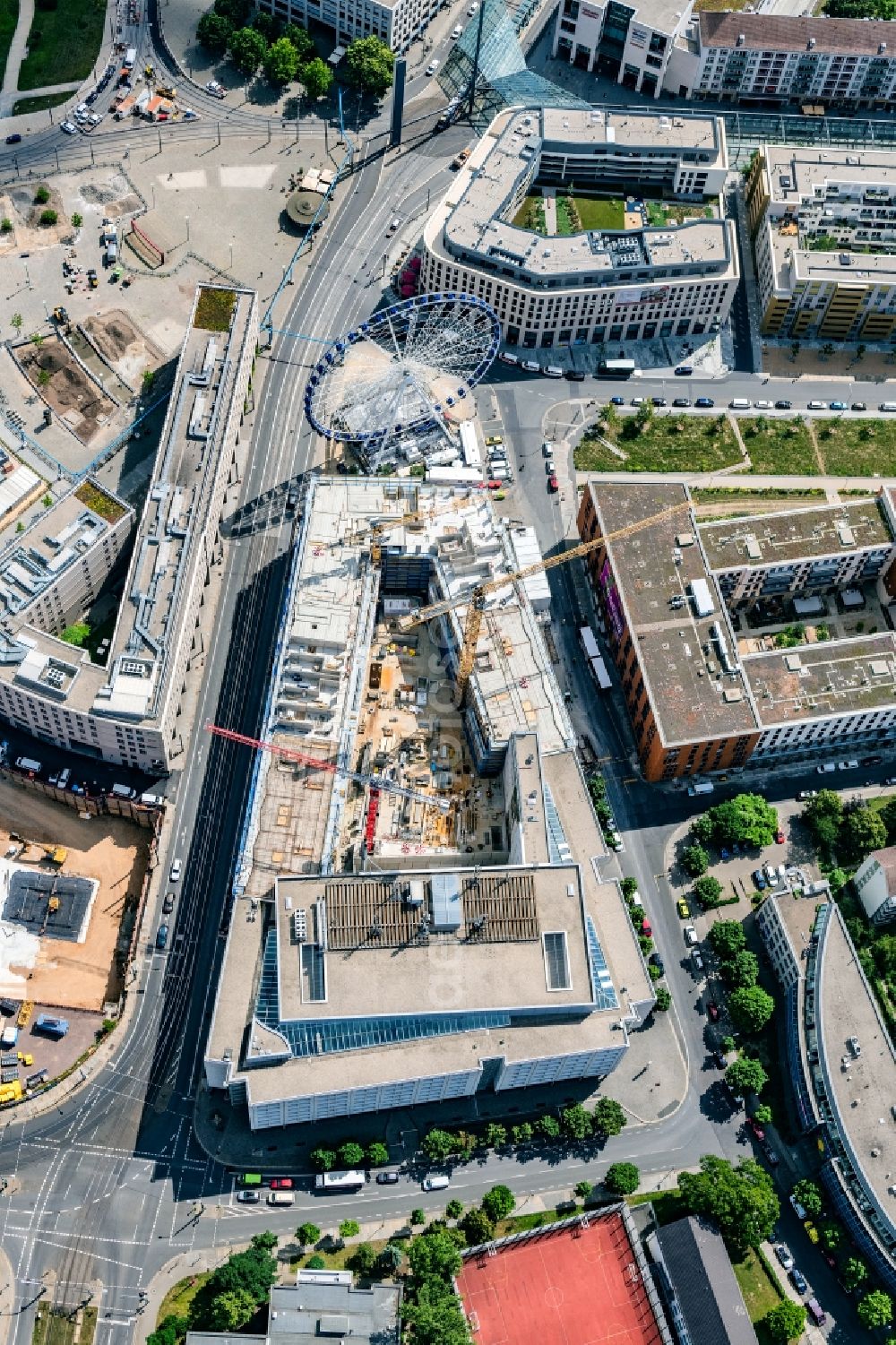 Dresden from above - Office building VauVau on Annenstrasse in Dresden at the Dresdner Postplatz in the district Wilsdruffer Vorstadt in the state Saxony, Germany