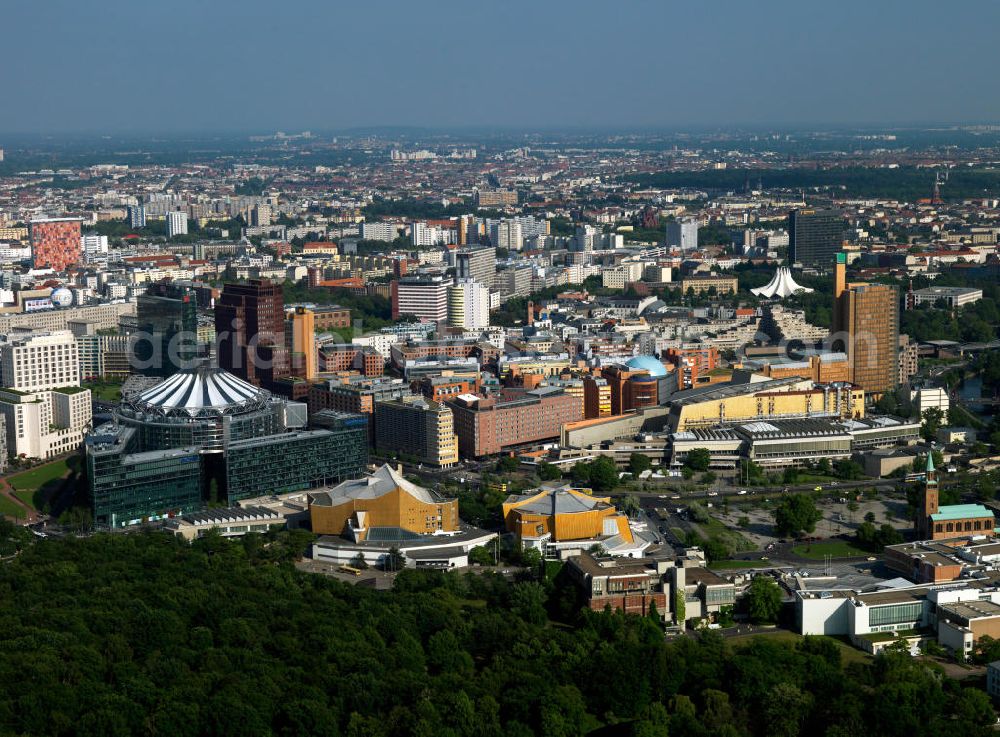 Berlin from above - Office buildings and commercials at the Potsdam Square in the borough Mitte