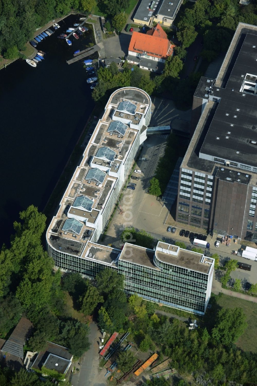 Berlin from above - Office building of the Gewerbe- und Logstikpark Dock 100 of the BEOS AG at the Borsighafen in Berlin in Germany