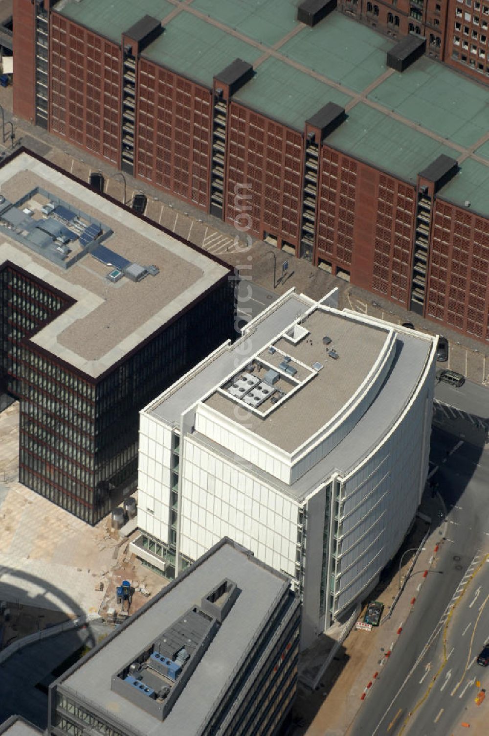 Hamburg from above - Office Building Hamburg-America-Center at the street Am Sandtorkai in the Hafencity district Hamburg