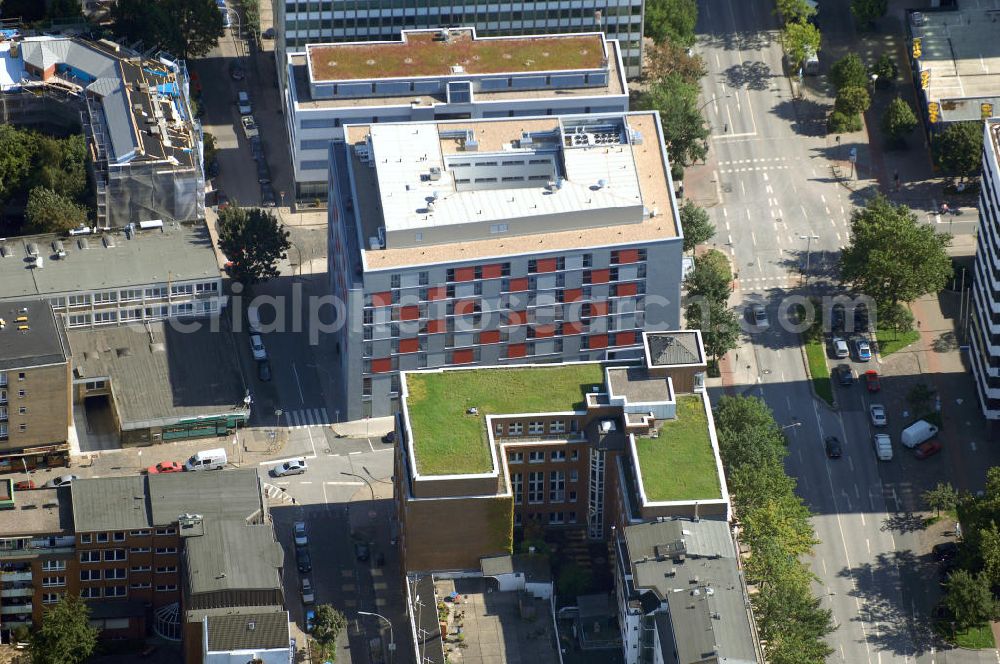 Aerial photograph Hamburg - Blick auf Büro- und Geschäftsgebäude in Sankt Georg, Anschrift: Steindamm 55-59 Ecke Danziger Strasse. Ansprechpartner: CORPUS SIREO, Asset Management GmbH, An der Welle 3, 60322 Frankfurt am Main, Tel. +49(0)69 48005 0, Fax +49(0)69 48005 102, Email: frankfurt@corpussireo.com