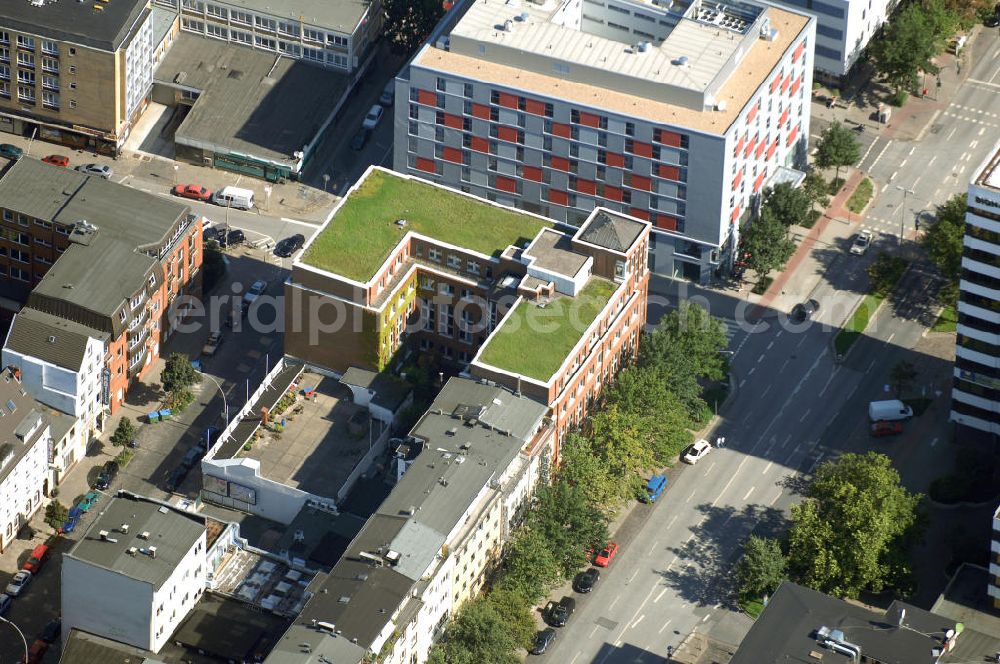 Hamburg from the bird's eye view: Blick auf Büro- und Geschäftsgebäude in Sankt Georg, Anschrift: Steindamm 55-59 Ecke Danziger Strasse. Ansprechpartner: CORPUS SIREO, Asset Management GmbH, An der Welle 3, 60322 Frankfurt am Main, Tel. +49(0)69 48005 0, Fax +49(0)69 48005 102, Email: frankfurt@corpussireo.com