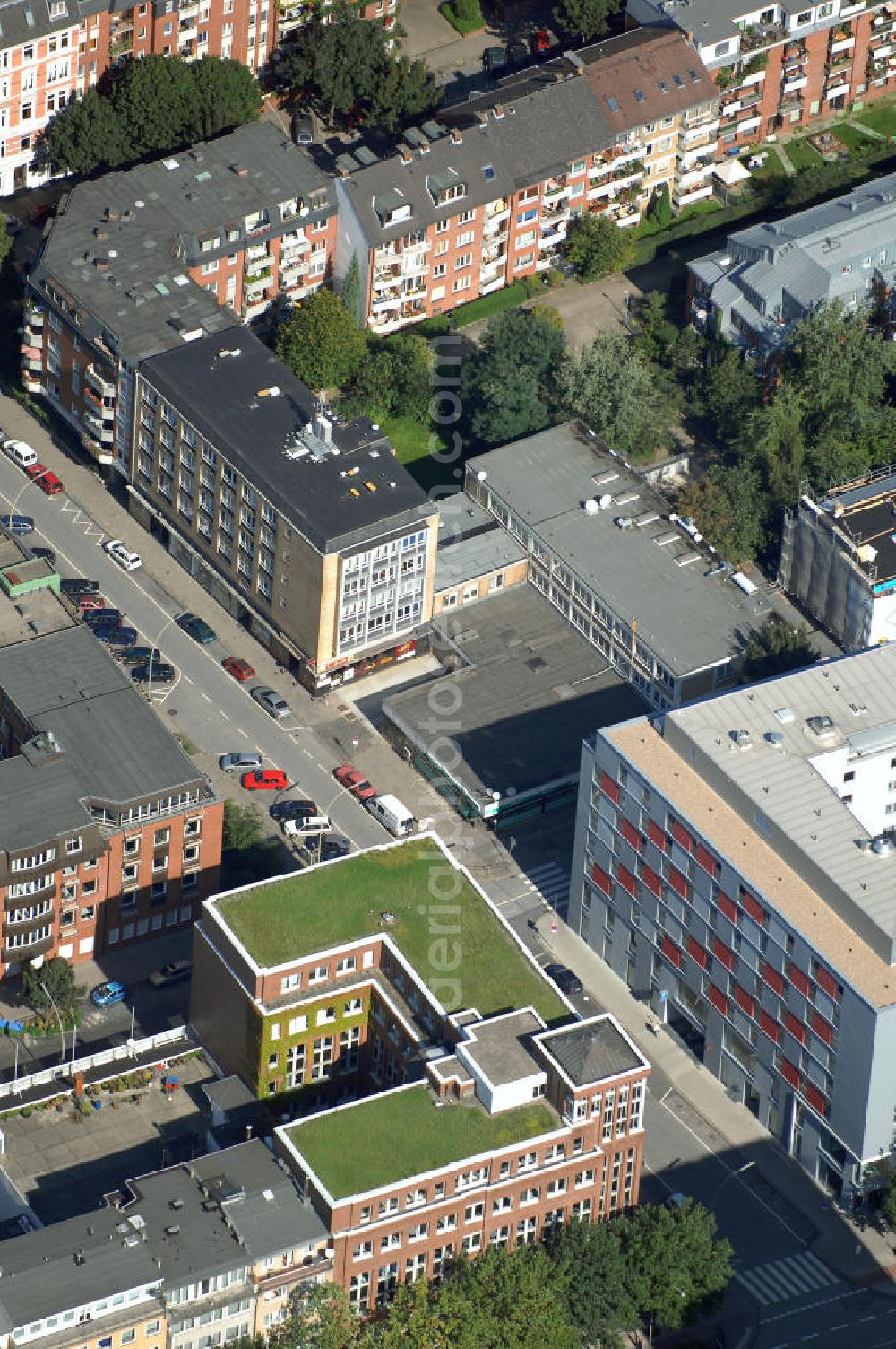 Aerial photograph Hamburg - Blick auf Büro- und Geschäftsgebäude in Sankt Georg, Anschrift: Steindamm 55-59 Ecke Danziger Strasse. Ansprechpartner: CORPUS SIREO, Asset Management GmbH, An der Welle 3, 60322 Frankfurt am Main, Tel. +49(0)69 48005 0, Fax +49(0)69 48005 102, Email: frankfurt@corpussireo.com