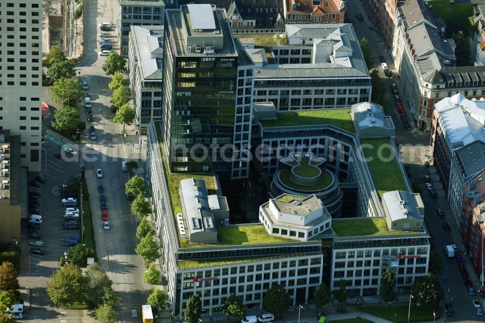 Aerial photograph Leipzig - Office and bank building complex in Loehrs Carre in Leipzig in the state of Saxony. Sachsen LB and Sparkasse Leipzig have their headquarters in the highrise