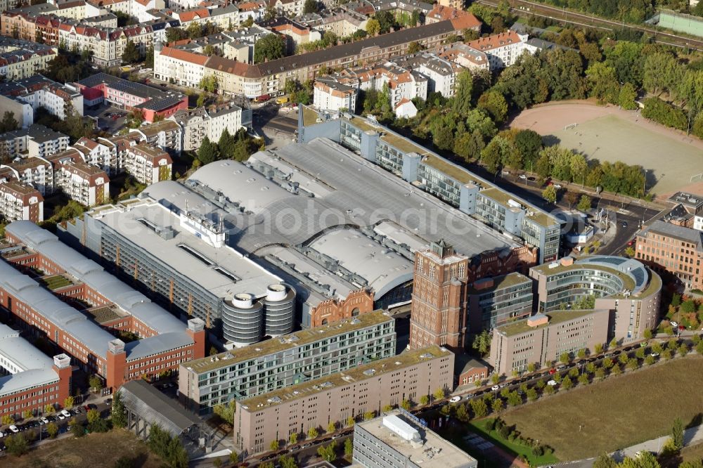 Aerial image Berlin - Office building Borsigturm and shopping mall Hallen am Borsigturm in the Tegel part of Berlin. Borsigturm is a landmark of Tegel and a former tower of the historical Borsig Works. The shopping mall is located behind the office tower