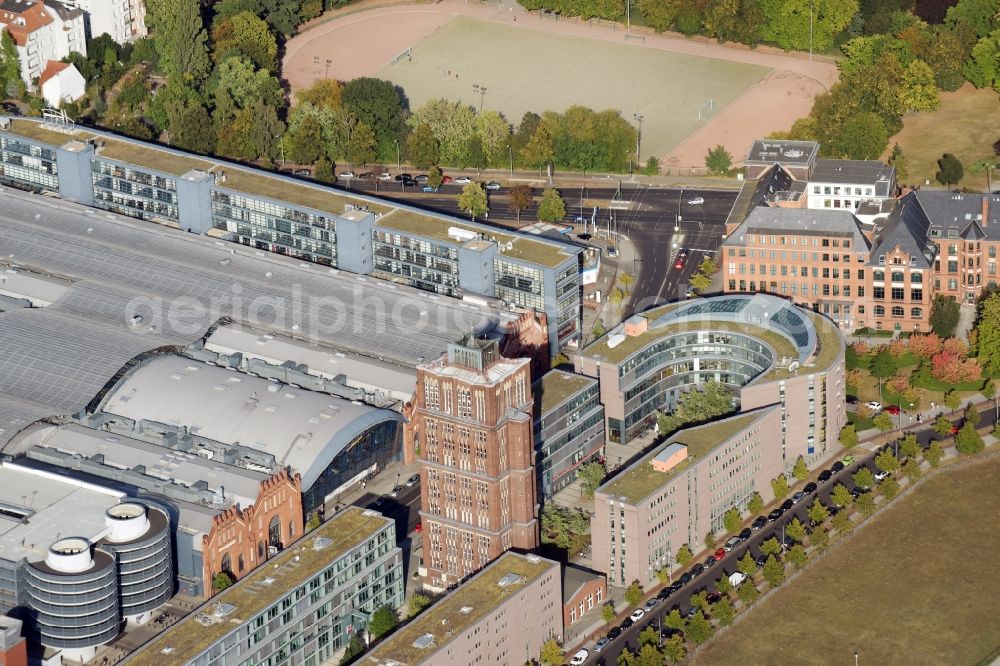 Berlin from above - Office building Borsigturm and shopping mall Hallen am Borsigturm in the Tegel part of Berlin. Borsigturm is a landmark of Tegel and a former tower of the historical Borsig Works. The shopping mall is located behind the office tower