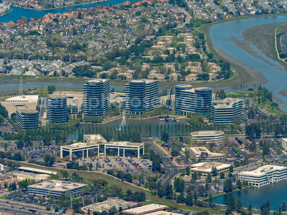 Aerial photograph Redwood City - Headquarters and building complex of the computer technology corporation Oracle Corporation in Redwood City in Silicon Valley in California in the USA