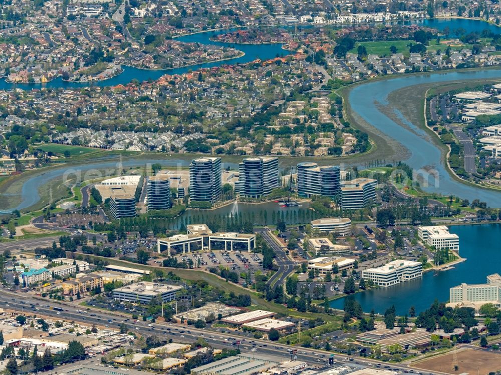 Redwood City from above - Headquarters and building complex of the computer technology corporation Oracle Corporation in Redwood City in Silicon Valley in California in the USA