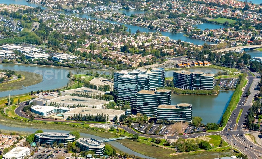 Aerial image Redwood City - Headquarters and building complex of the computer technology corporation Oracle Corporation in Redwood City in Silicon Valley in California in the USA. The complex is located in Redwood Shores