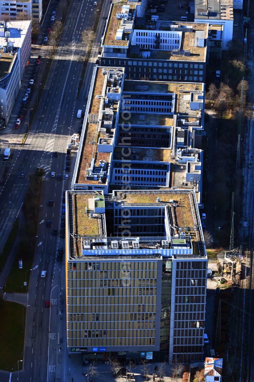 München from above - Of the office building Laimer Cube on the corner of Fuerstenrieder - Landsberger Strasse in the district Laim in Munich in the state Bavaria, Germany