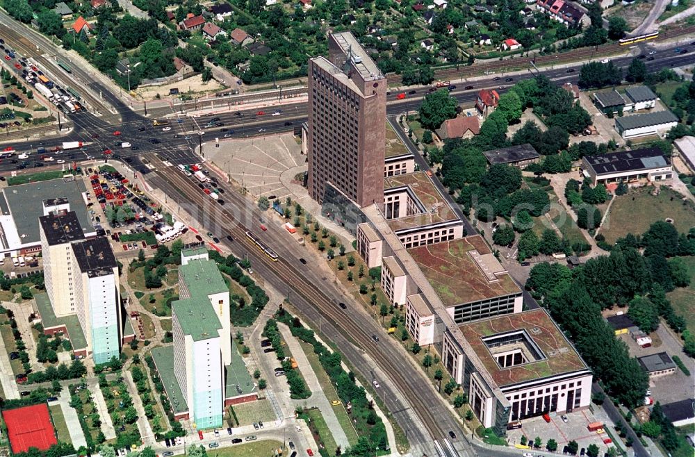 Aerial image Berlin Hohenschönhausen - High-rise building Pyramide with the lettering of the british real estate company Comer Group