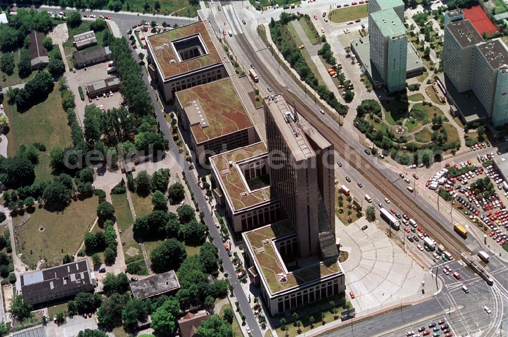 Berlin Hohenschönhausen from above - High-rise building Pyramide with the lettering of the british real estate company Comer Group