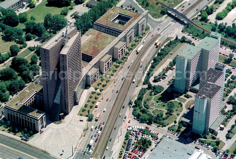 Berlin Hohenschönhausen from the bird's eye view: High-rise building Pyramide with the lettering of the british real estate company Comer Group