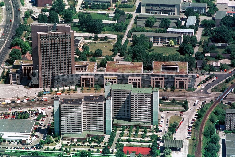 Aerial image Berlin Hohenschönhausen - High-rise building Pyramide with the lettering of the british real estate company Comer Group