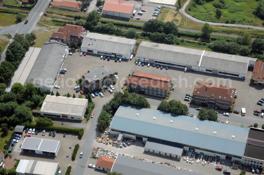 Kamen-Heeren from the bird's eye view: Bürogebäude und Produktionshallen im Gewerbegebiet Südfeld / Widestrasse. Adresse: Südfeld, 59174 Kamen-Heeren; Vermietung / Verwaltung: Unternehmensgruppe Markus Gerold, An der Vaerstbrücke 1, 59425 Unna, Tel. +49(0)2303 25036-26, Fax +49(0)2303 25036-27, E-Mail: info@markus-gerold.de