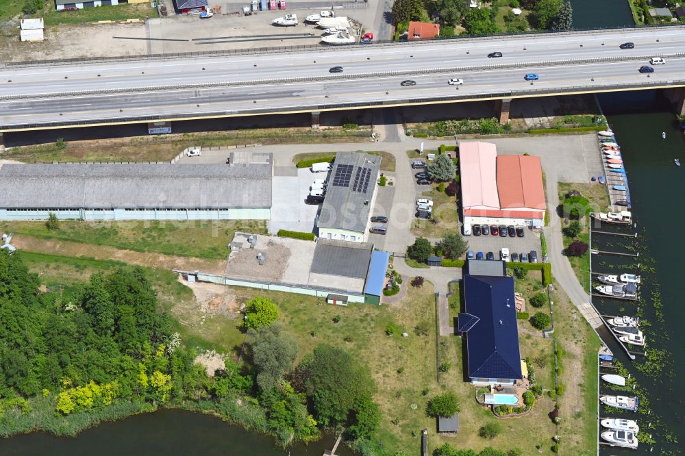 Rüdersdorf from the bird's eye view: Office building of Schuetzenhaus Ruedersdorf and the Wassersportzentrum Ruedersdorf in Ruedersdorf in the state Brandenburg, Germany