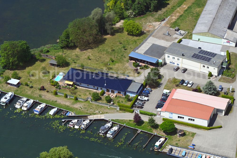 Rüdersdorf from above - Office building of Schuetzenhaus Ruedersdorf and the Wassersportzentrum Ruedersdorf in Ruedersdorf in the state Brandenburg, Germany